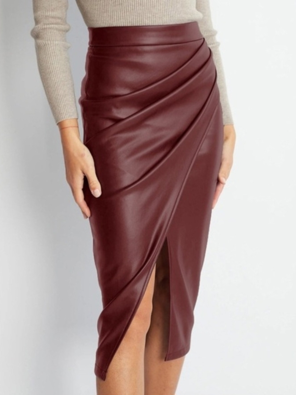 Commense Burgundy Faux Leather Wrap Pencil Skirt